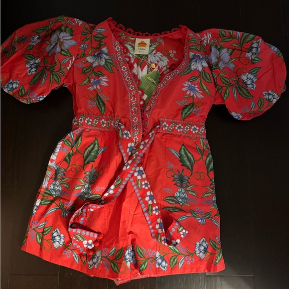 Farm Rio Red Sweet Bloom Bouquet Organic Cotton Romper - Picture 4 of 6